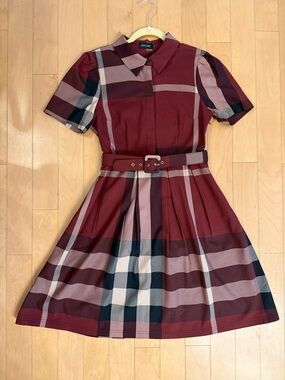 Liza Luxe Plaid Fit & Flare Shirt Dress w/ Belt | Medium | Burgundy